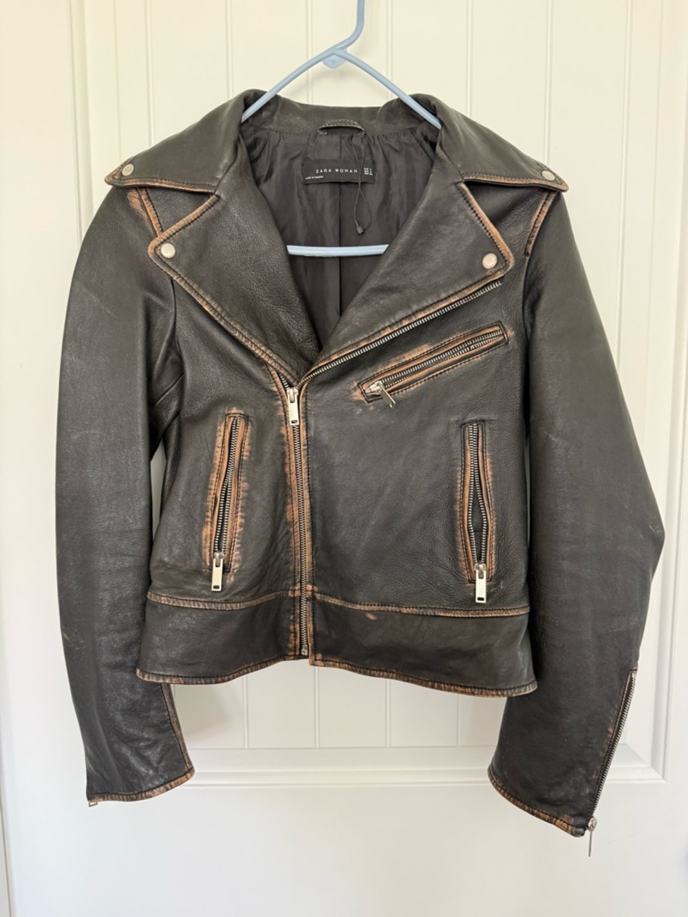 SOLD Zara Black Leather Bomber Jacket with Brown Trim